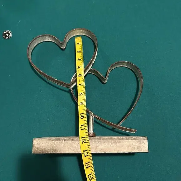 Rustic Metal Double Heart Sculpture on Wood Base 13” Farmhouse Tabletop Decor - Picture 7 of 7